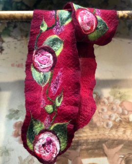 Agnes Foss - Felted Merino Scarf - Crimson Roses on Crimson Background 